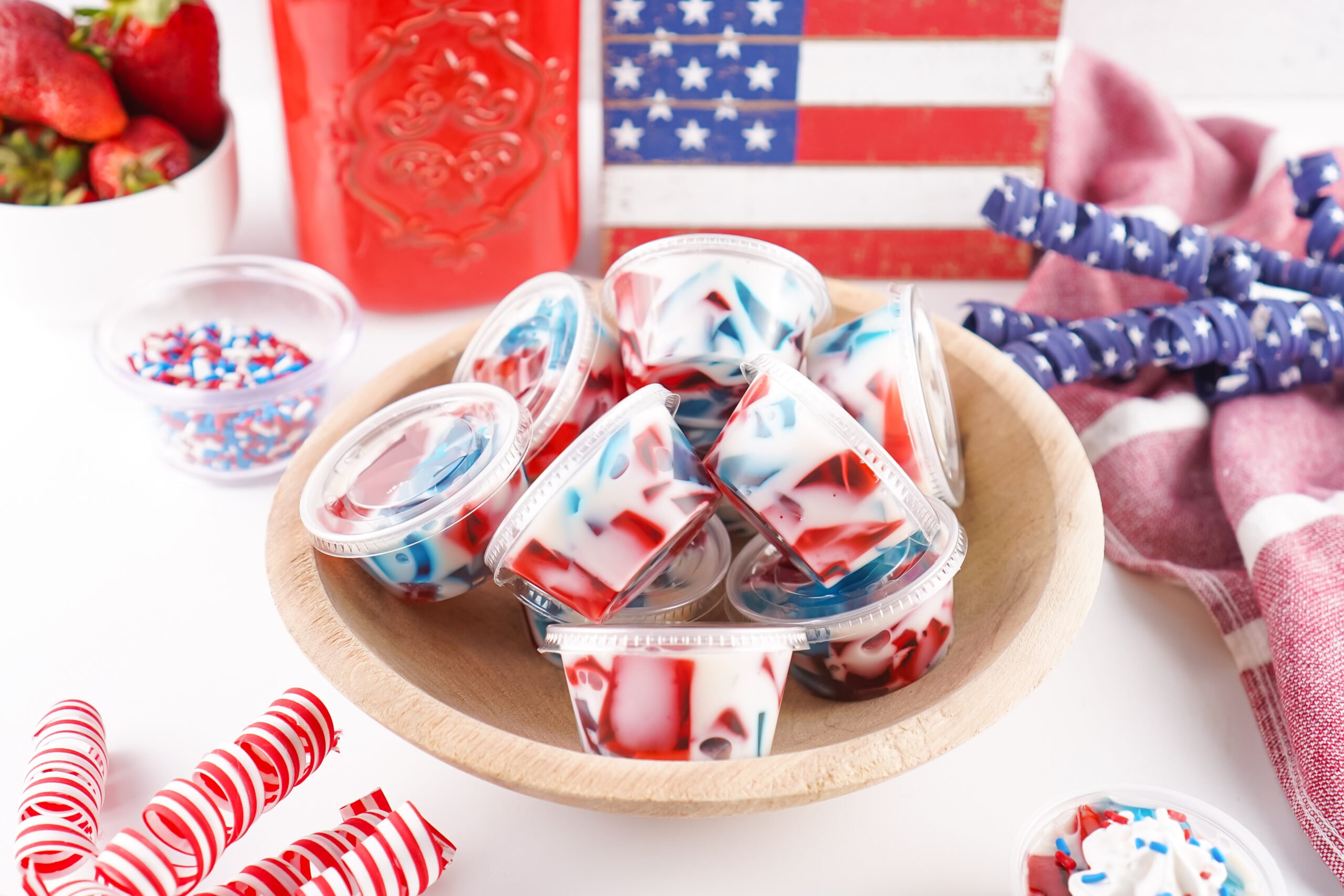 Red, White, and Blue Stained Glass Jello Shots in a serving bowl
