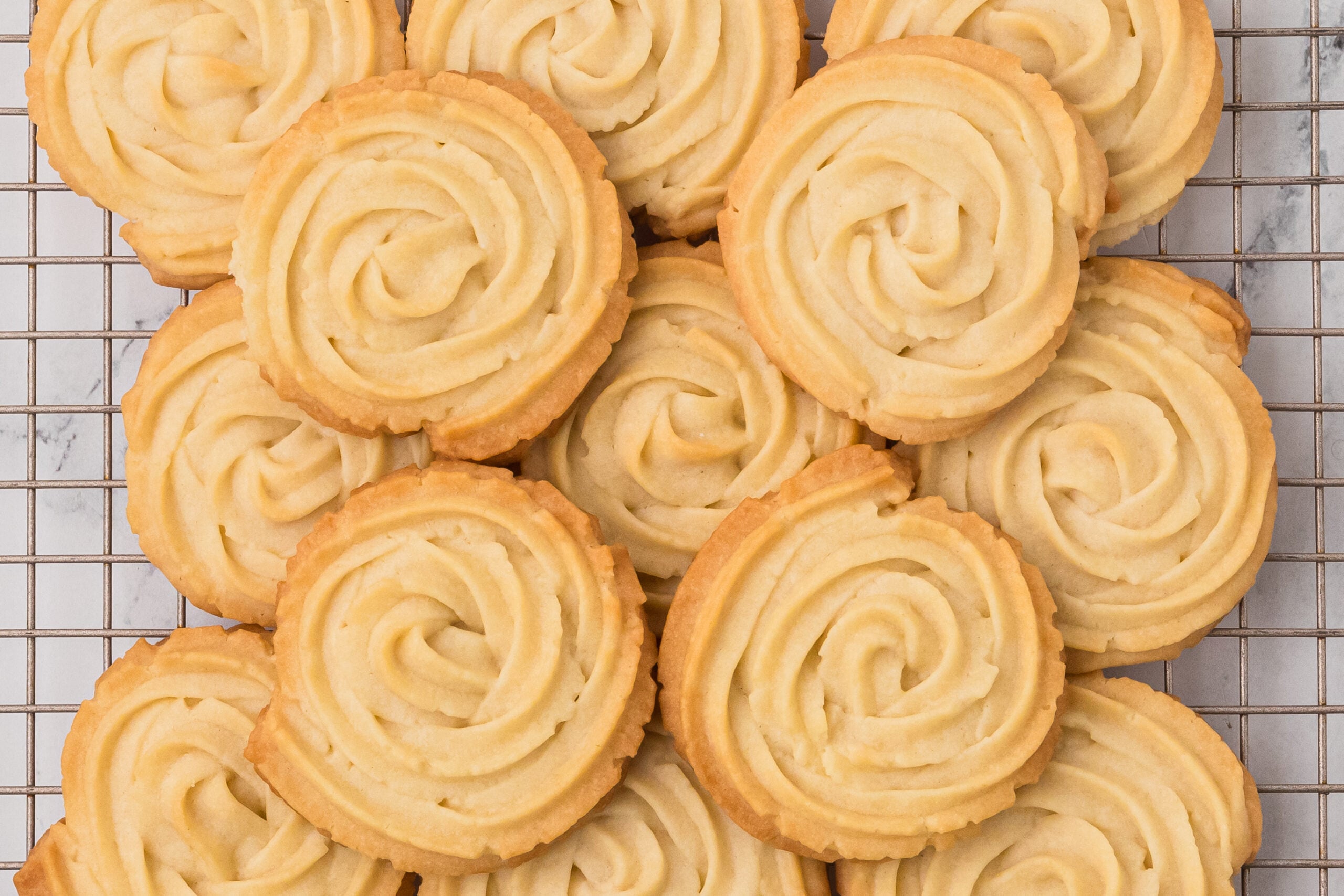 overhead photo of the 3 Ingredient Butter Cookies on a cooling rack 