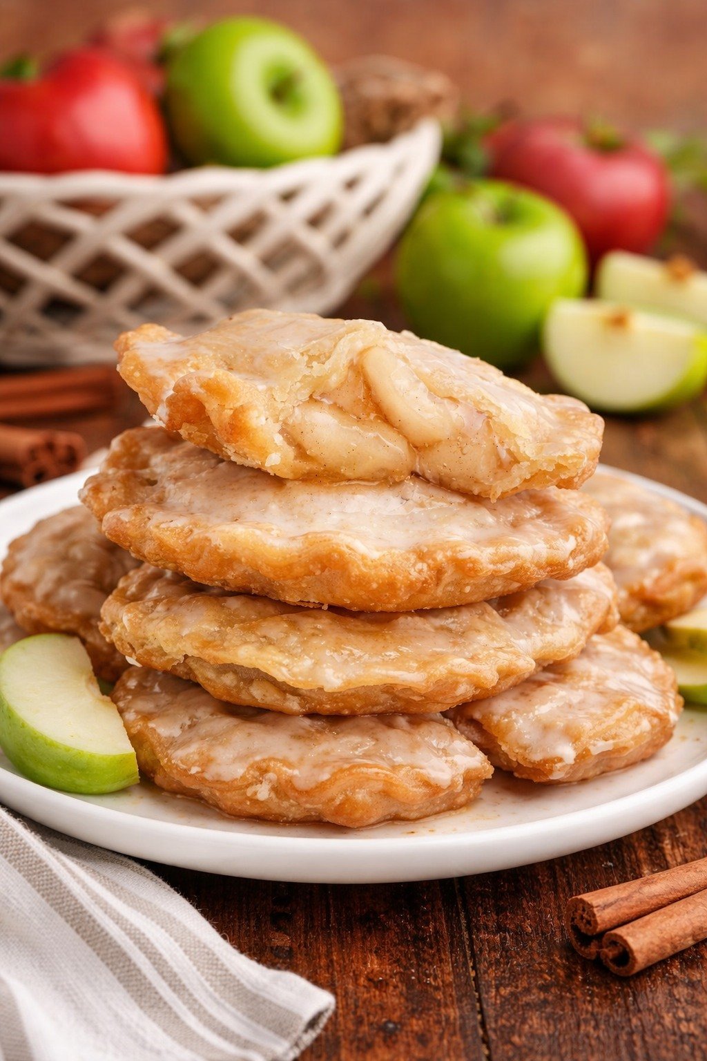 Deep Fried Apple Hand Pies on a white plate stacked 
