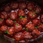 Crockpot Homemade BBQ Meatballs on table in a crockpot