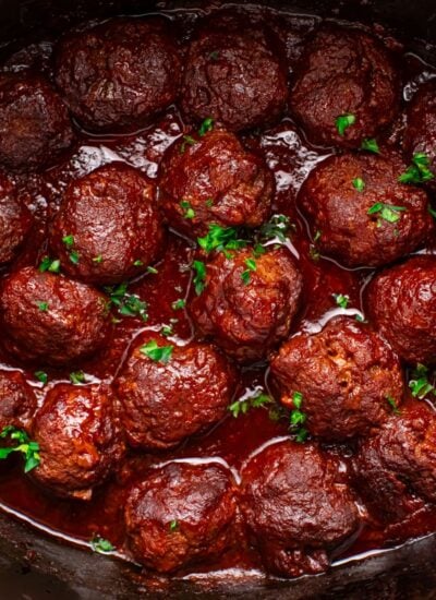 Crockpot Homemade BBQ Meatballs on table in a crockpot