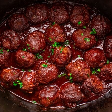 Crockpot Homemade BBQ Meatballs on table in a crockpot