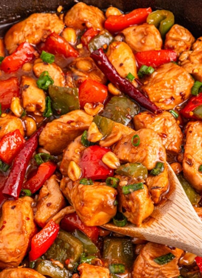 Better Than Takeout Kung Pao Chicken in a cast iron skillet