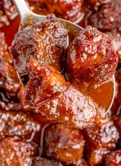 Chuck Roast Burnt Ends on a large serving spoon