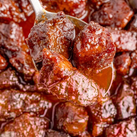 Chuck Roast Burnt Ends on a large serving spoon