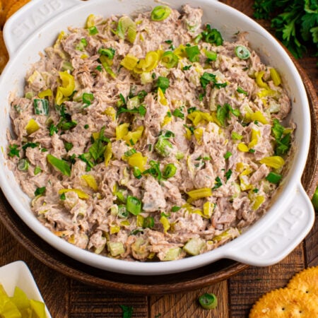 Pepperoncini Ranch Tuna Salad in a white bowl on table