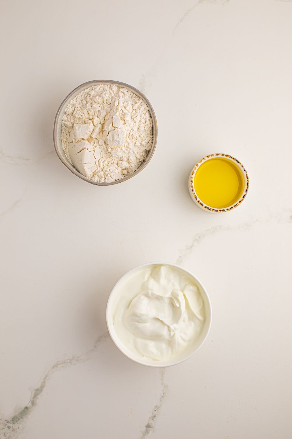 ingredients for 3 Ingredient Flatbread in single serve bowls on table 
