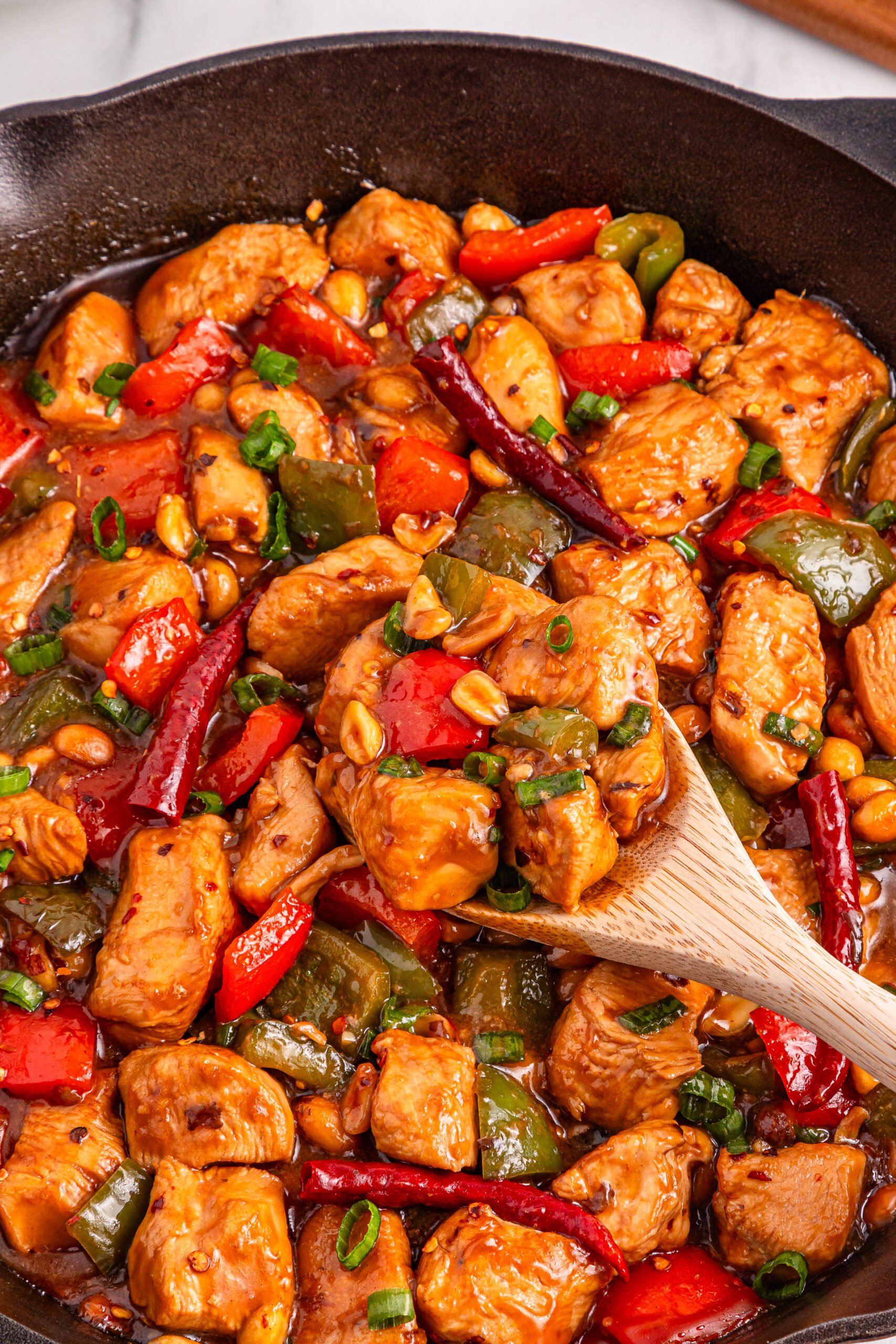 Better Than Takeout Kung Pao Chicken in a cast iron skillet
