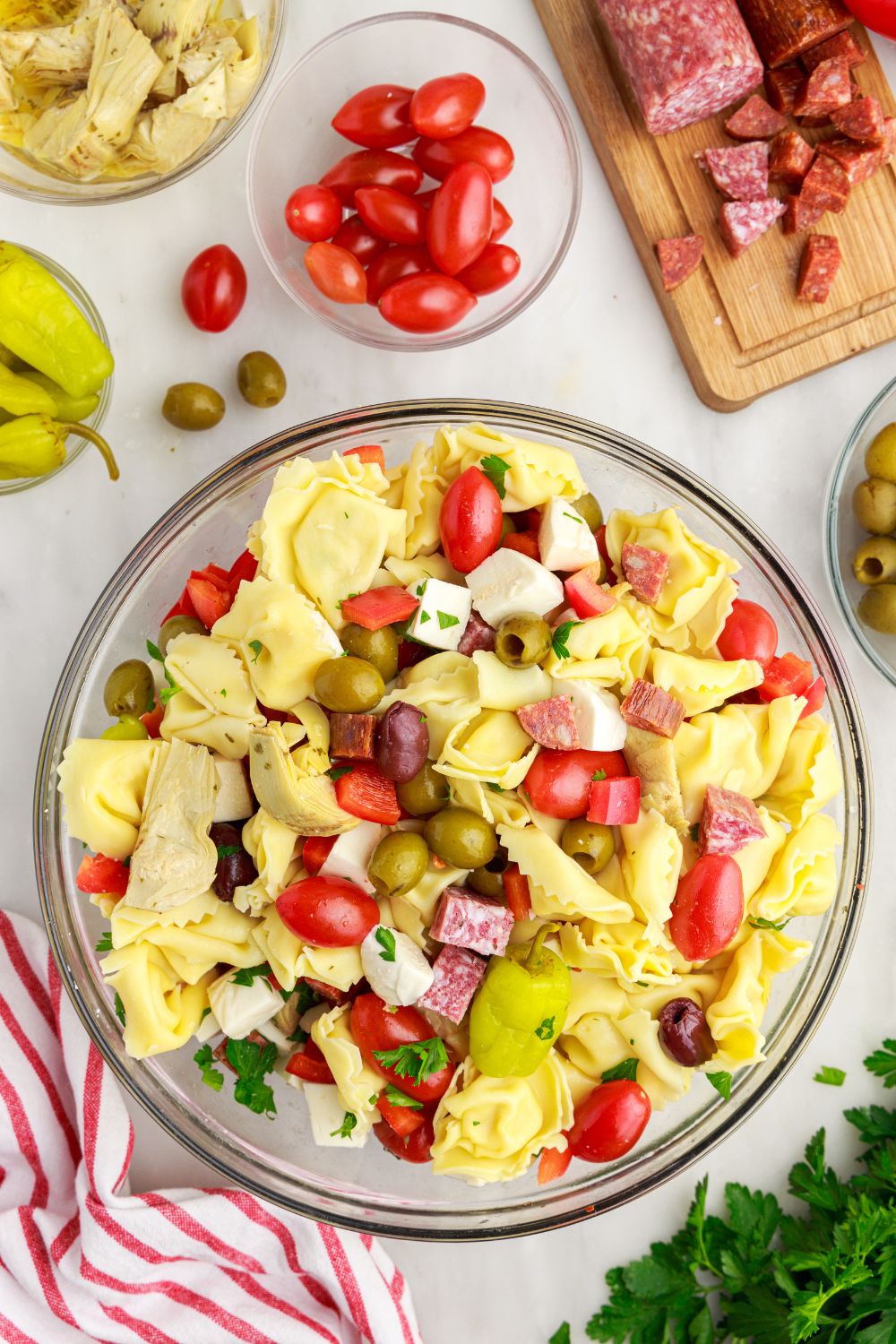 Antipasto Tortellini Pasta Salad mixed in a bowl 