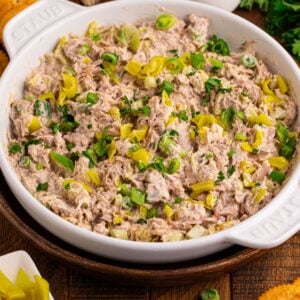 Pepperoncini Ranch Tuna Salad in a white bowl on table