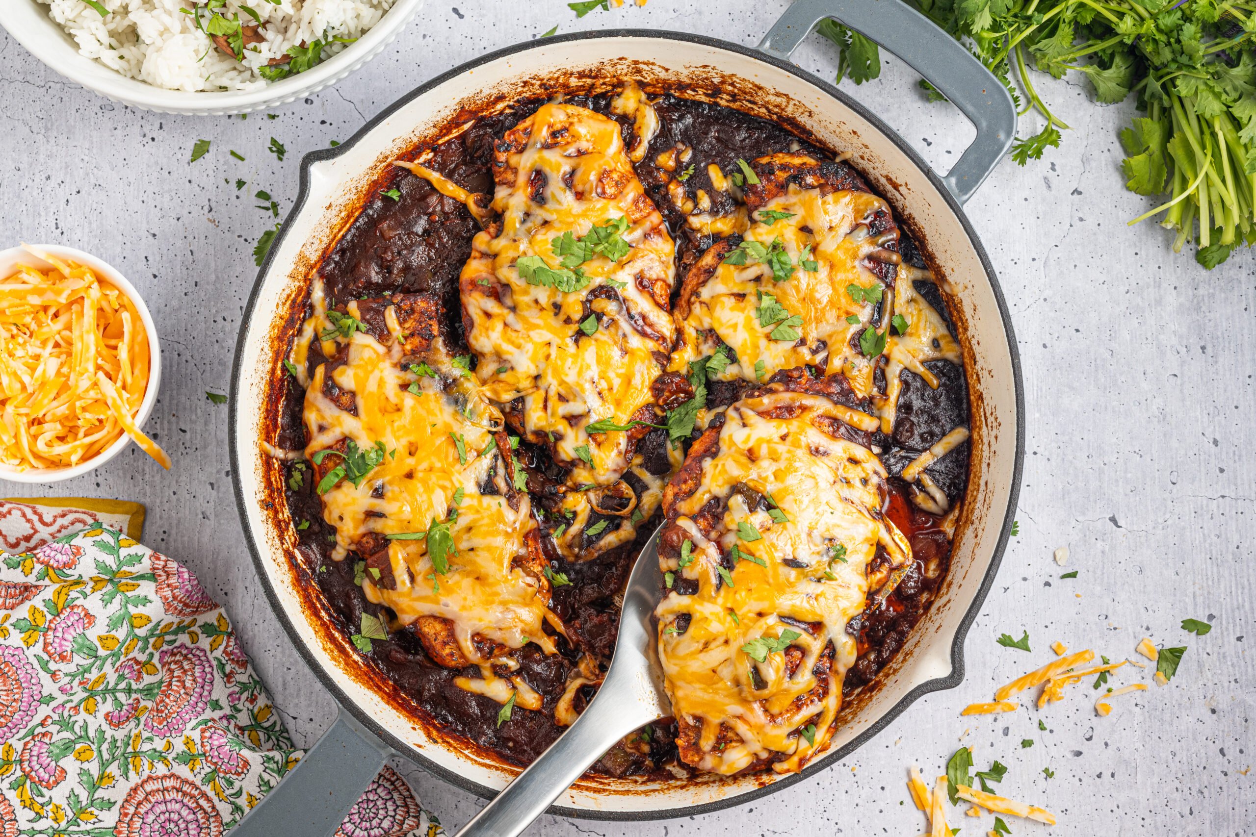 overhead shot of the delicious Cheesy Salsa Chicken in a pan