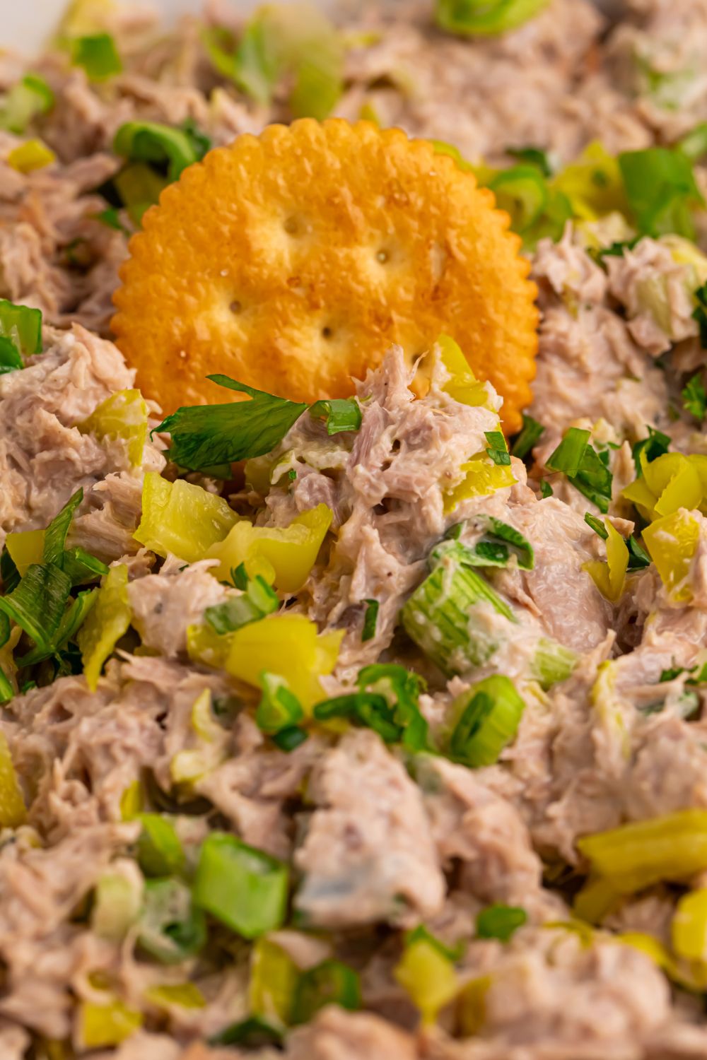 Pepperoncini Ranch Tuna Salad with a Ritz cracker pressed into the mixture 