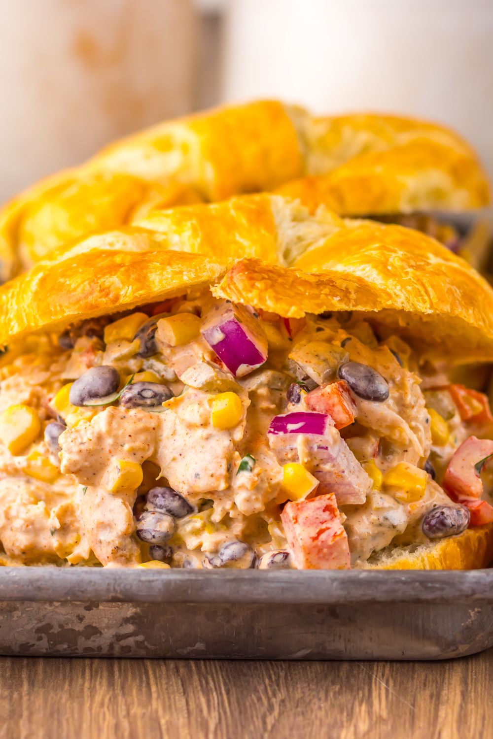close up of Creamy Taco Chicken Salad  sandwiches on tray 