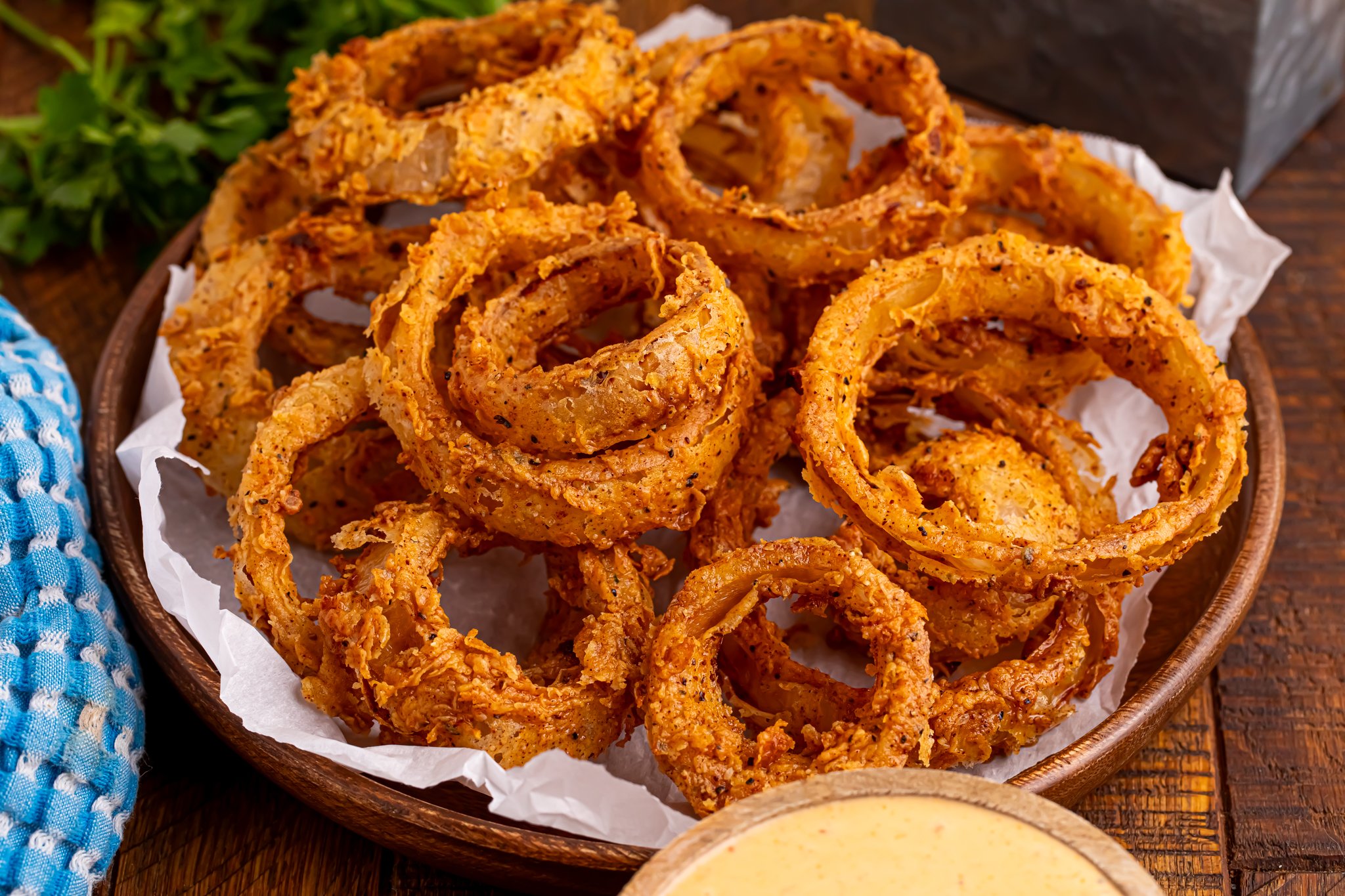 Deep Fried Onion Rings on a serving platter 