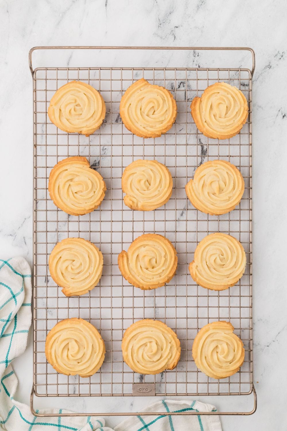 overhead look of Butter Cookies on a cooling rack on table 