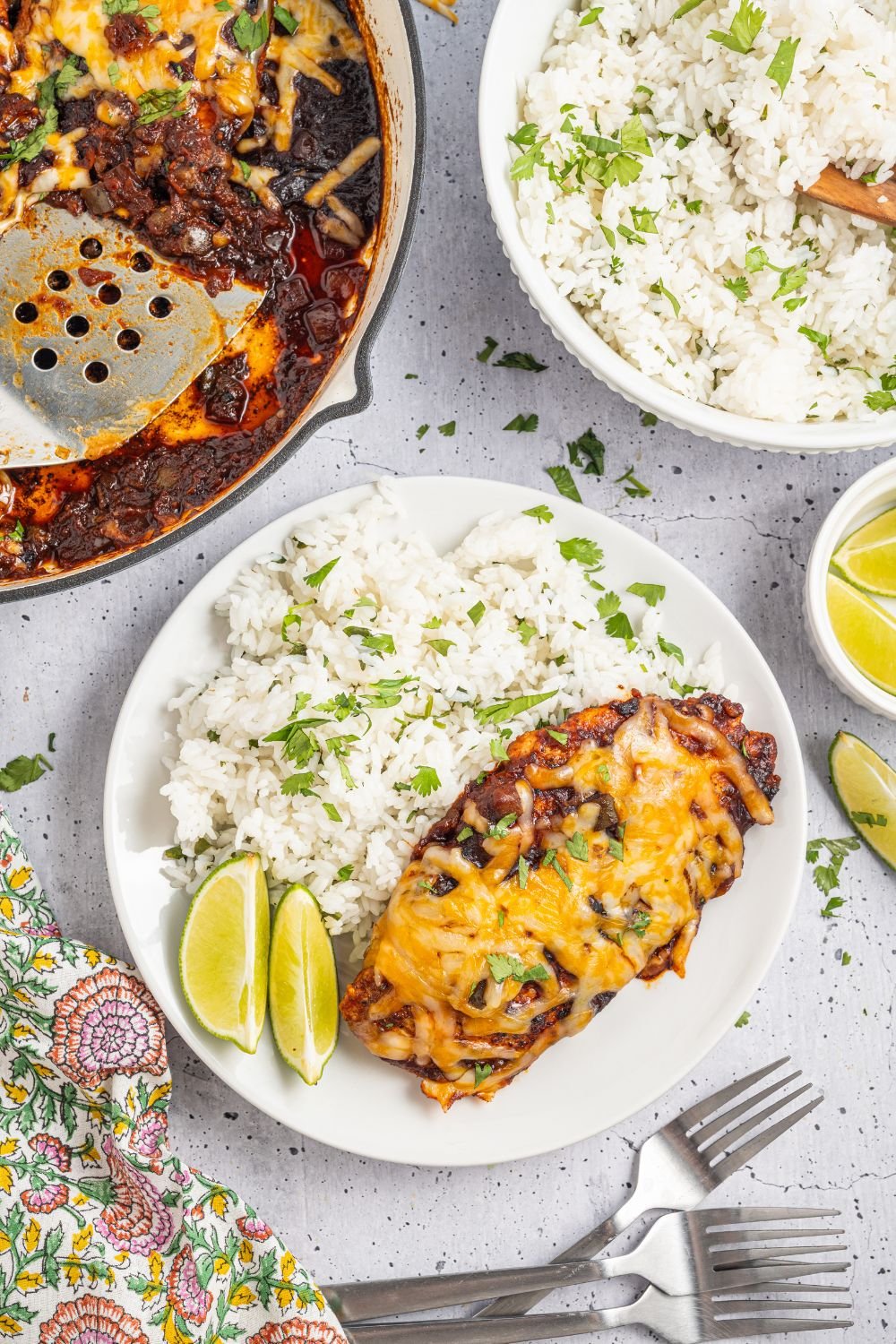 Cheesy Salsa Chicken on plate with rice on side 