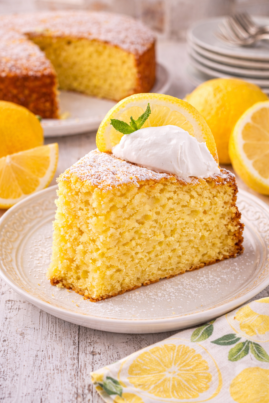 slice of Italian Lemon Ricotta Cake on a white plate with whole lemons behind it on table and the rest of the cake behind it