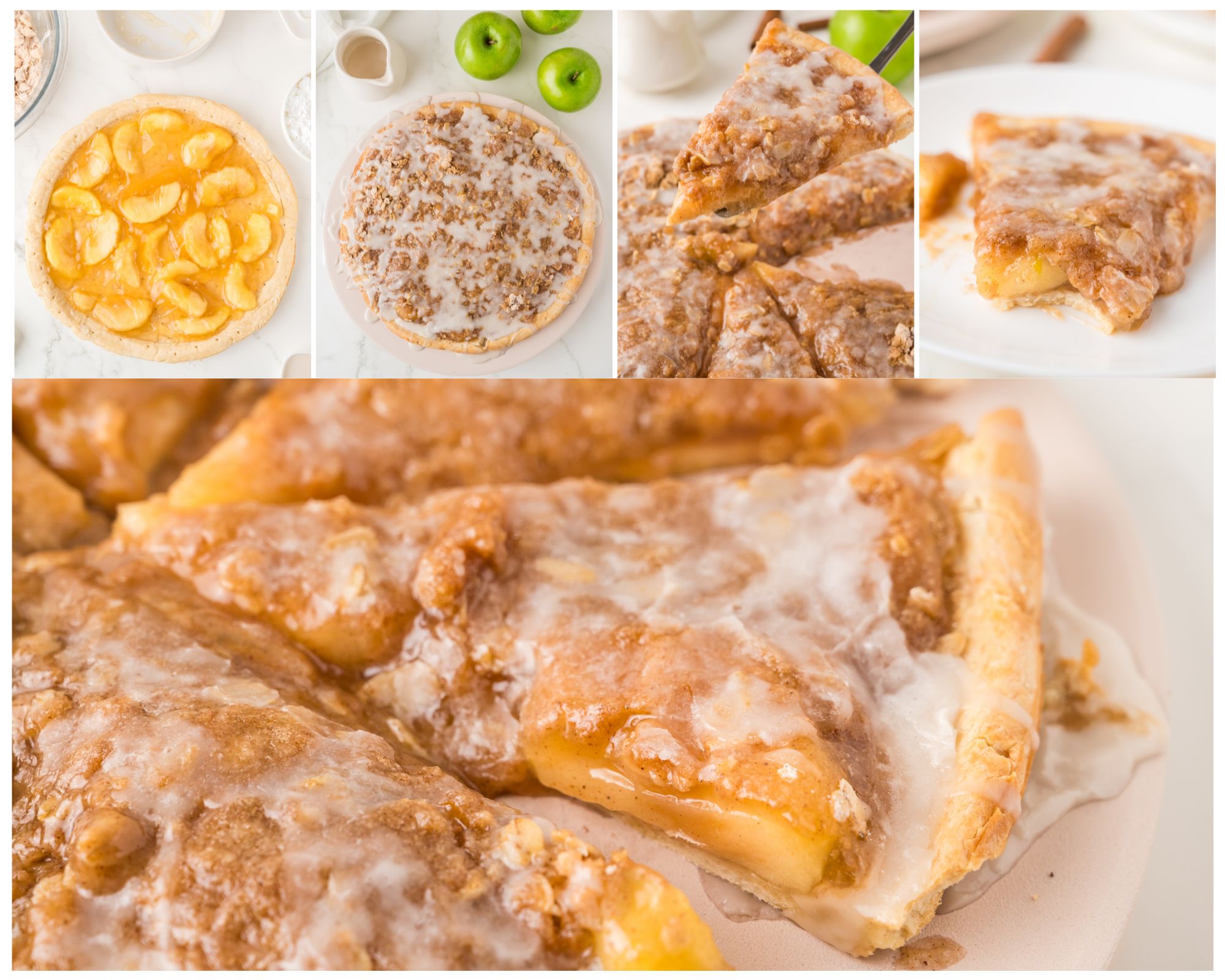 collage of Apple Pie Pizza on a white table drizzled with icing 