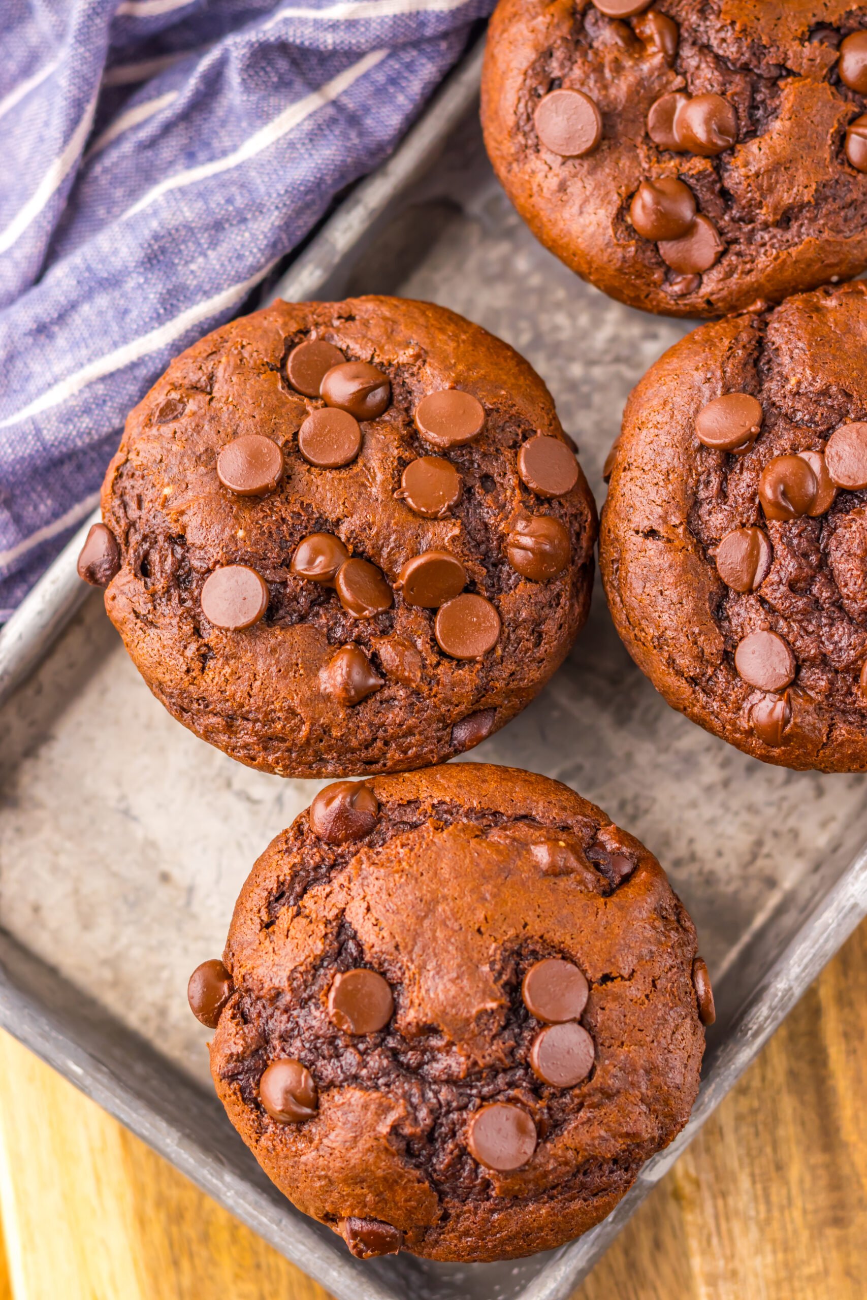 overhead shot of the Costco Double Chocolate Muffins on a silver serving platter