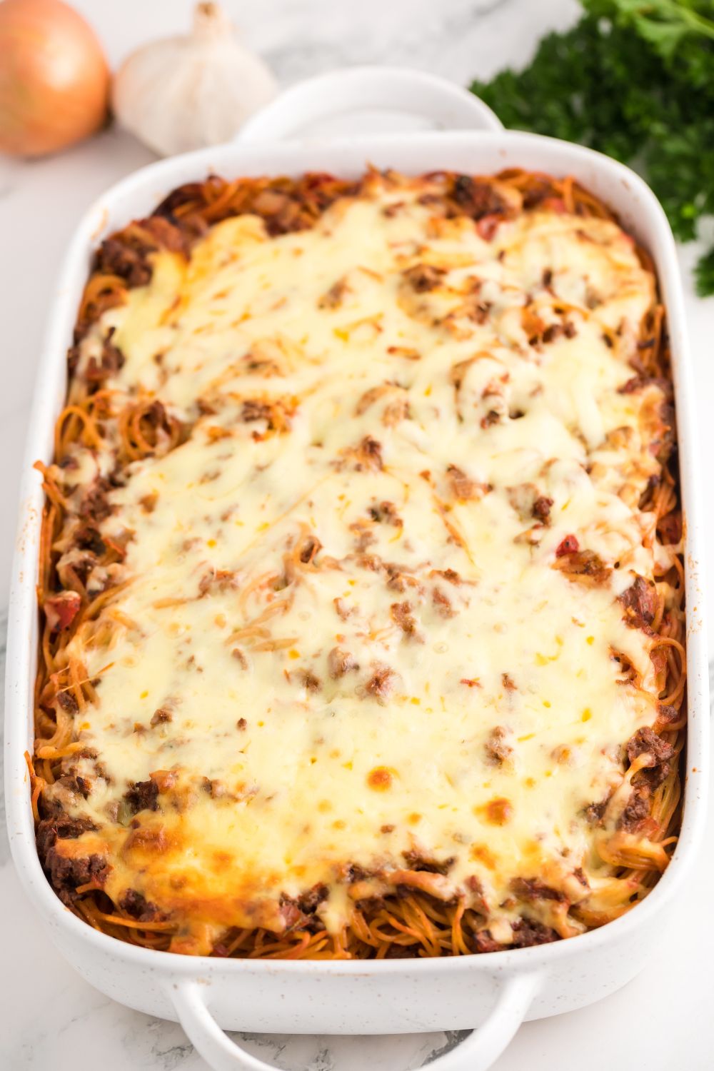 baked Million Dollar Spaghetti Casserole in a dish 