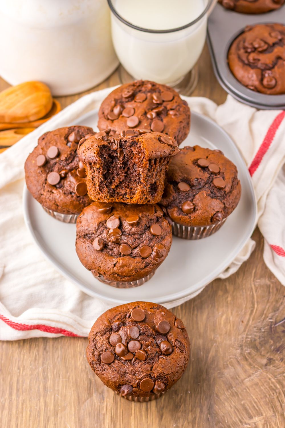 Costco Double Chocolate Muffins on a plate with one on table and a glass of milk behind it on table 