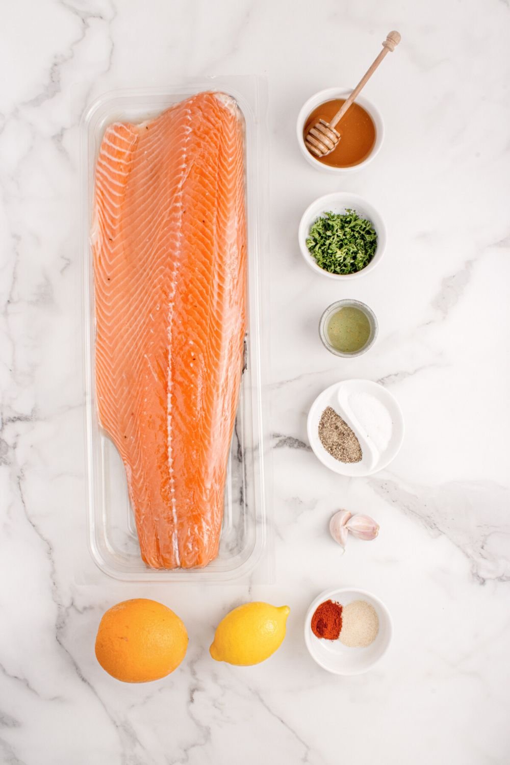 ingredients to make Grilled Honey Mustard Salmon sitting on table 