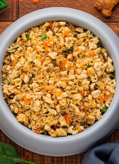 Homemade Turkey and Rice Dog Food with Veggies in a dog food bowl on table