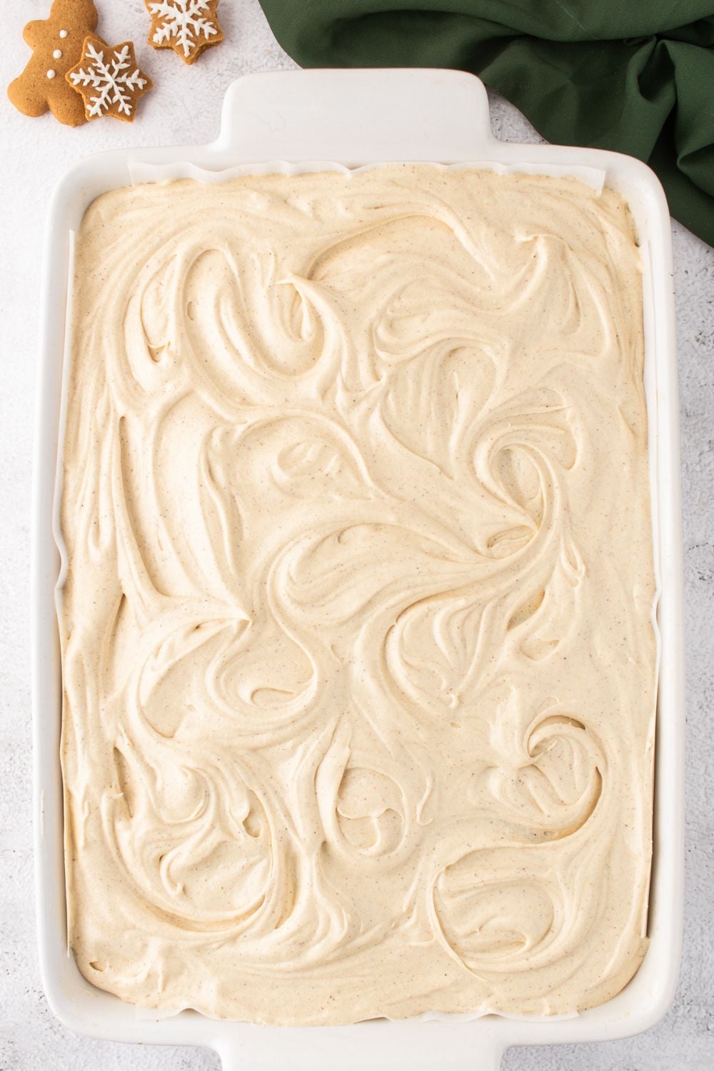 overhead look of Gingerbread Cake with Cream Cheese Frosting in pan 