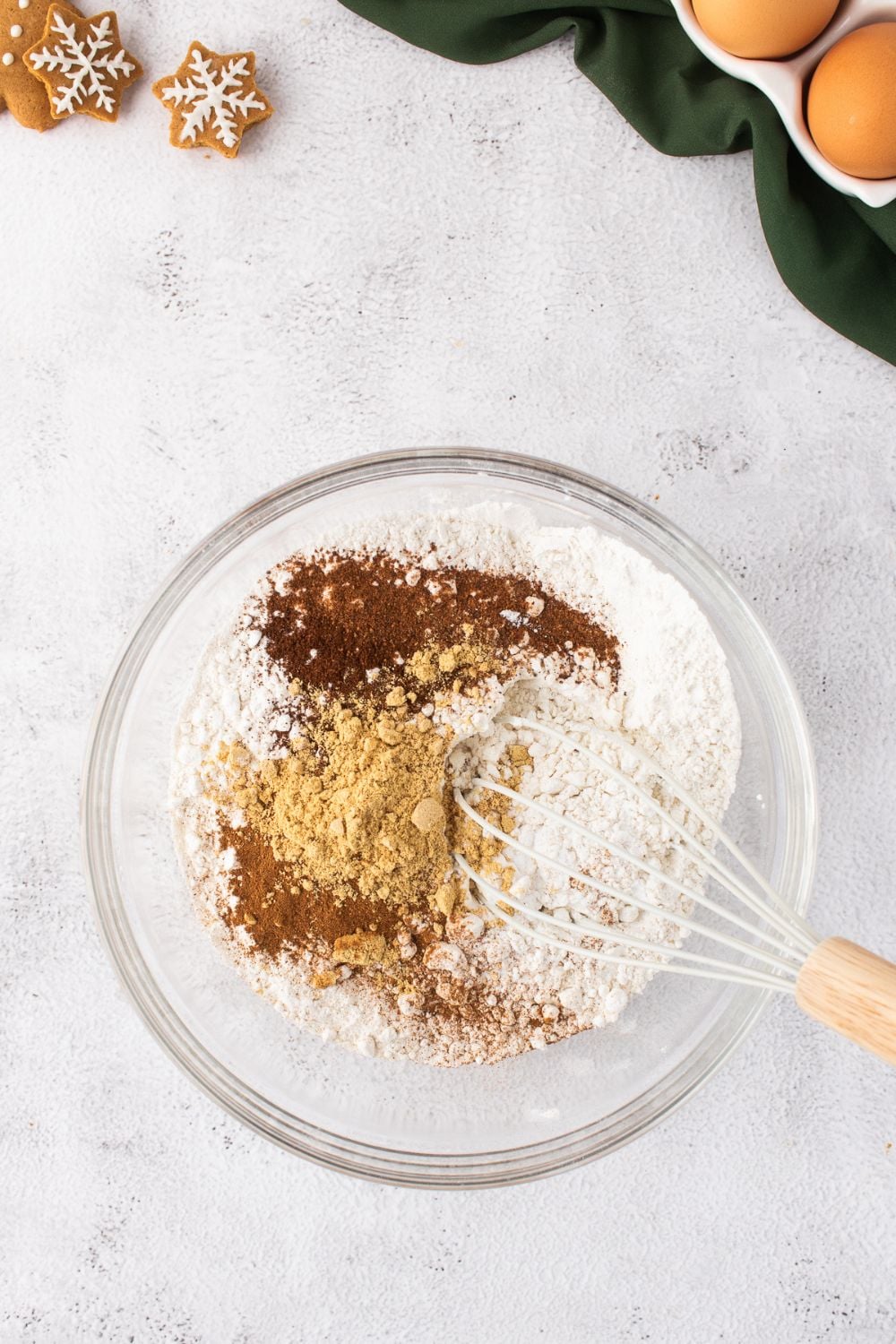 dry ingredients in a bowl for making Gingerbread Cake with Cream Cheese Frosting