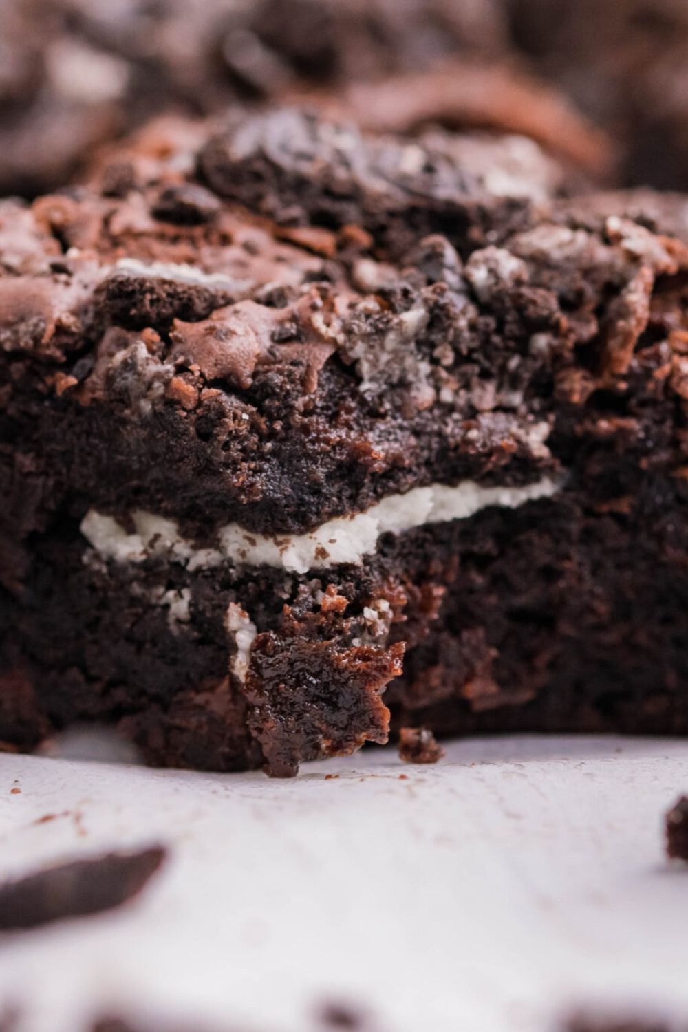 close up of Oreo Stuffed Brownies placed on a table 