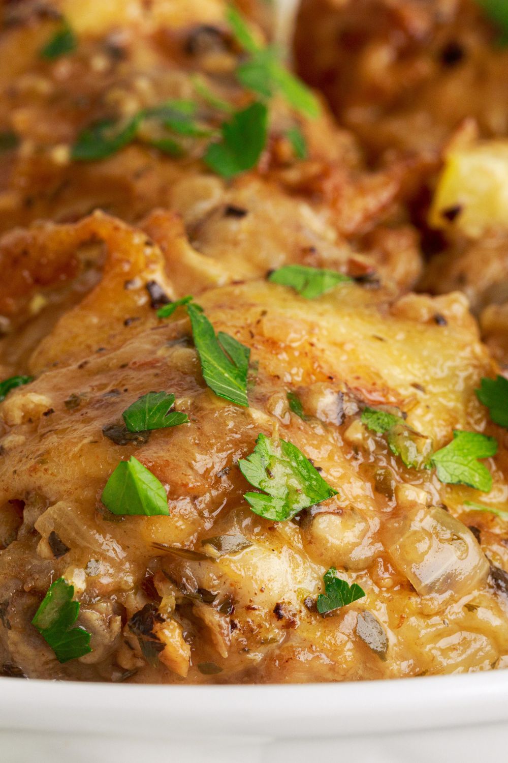 close up of Instant Pot Lemon Butter Chicken on a white plate 