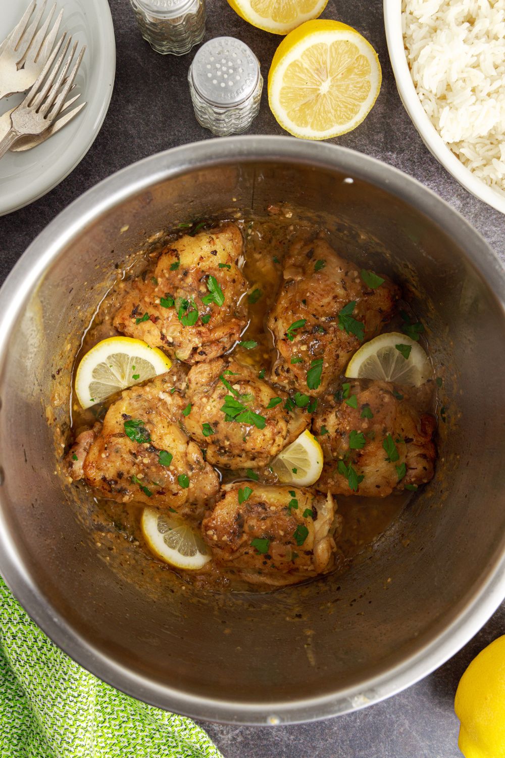 overhead look of instant pot with Instant Pot Lemon Butter Chicken inside 