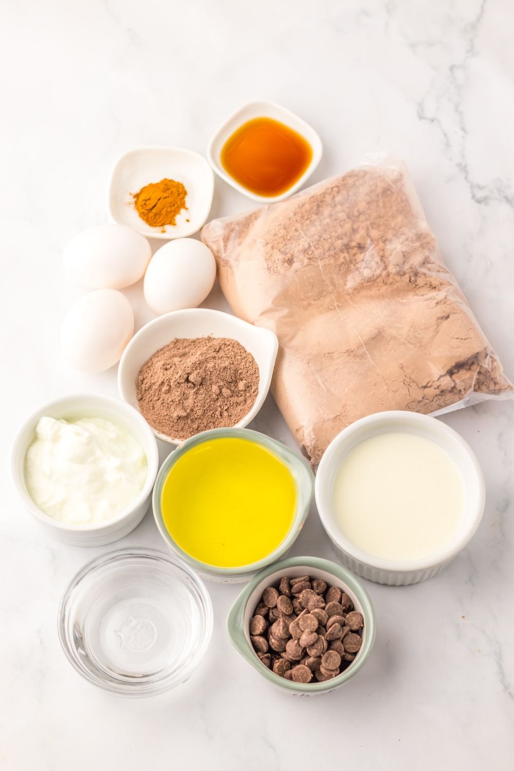overhead look of all the ingredients for making Costco Double Chocolate Muffins