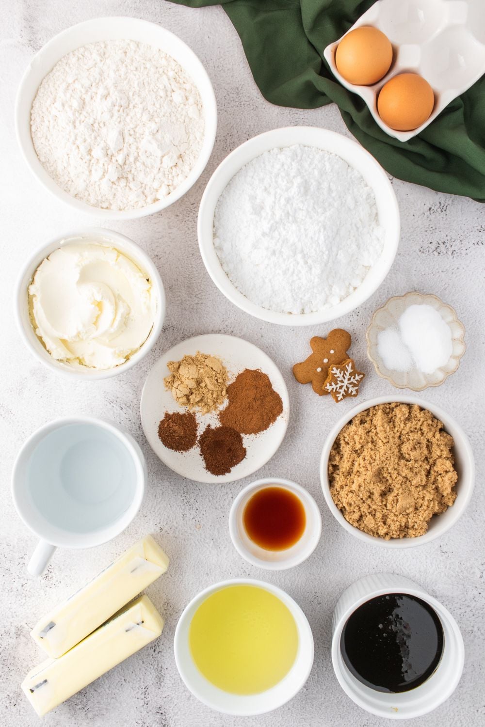 ingredients for Old fashioned gingerbread cake in single serve bowls on table