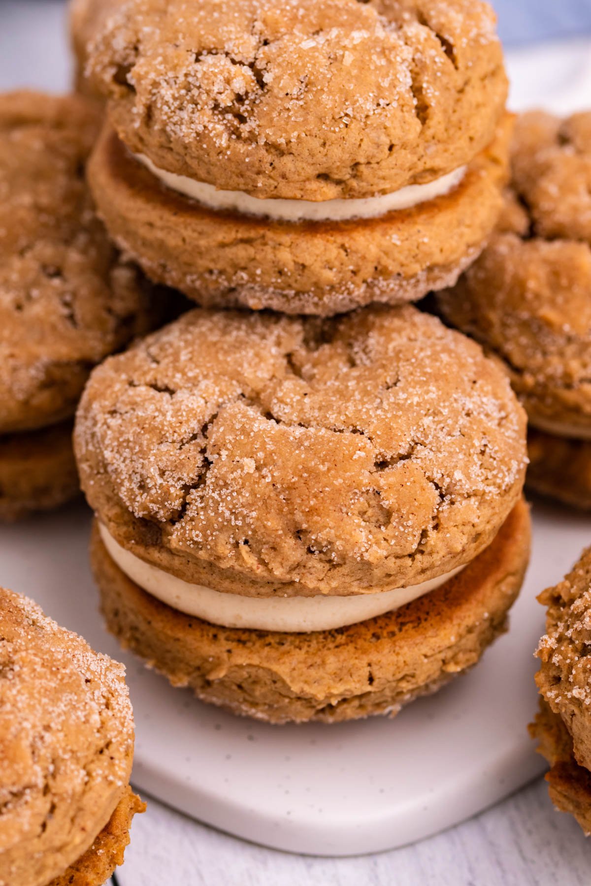 Stack of Apple Cider Whoopie Pies up close showing texture 
