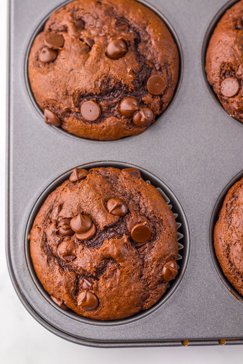 overhead look of Costco Double Chocolate Muffins in pan