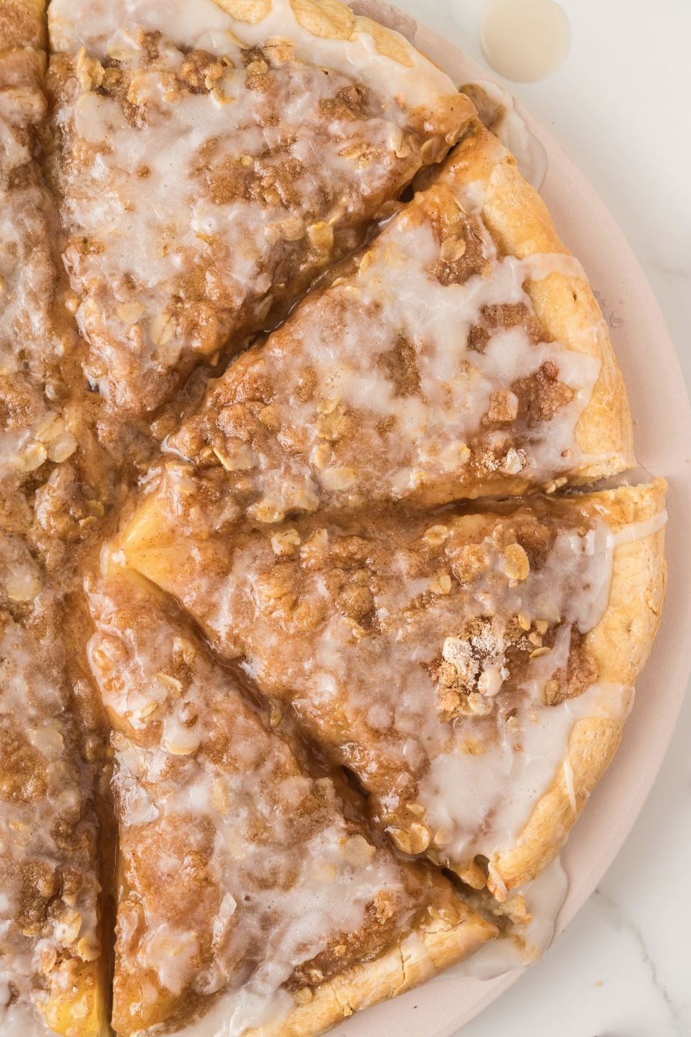 overhead look of Apple Pie Pizza on table 