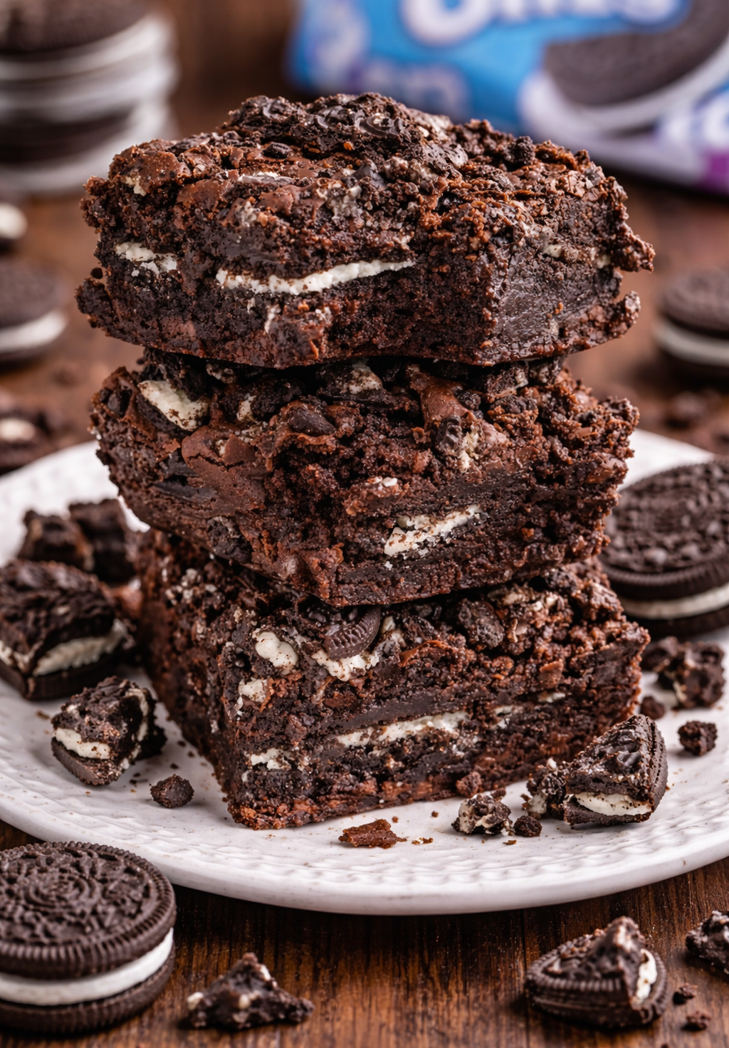 Oreo Stuffed Brownies stacked on top of one another on table 