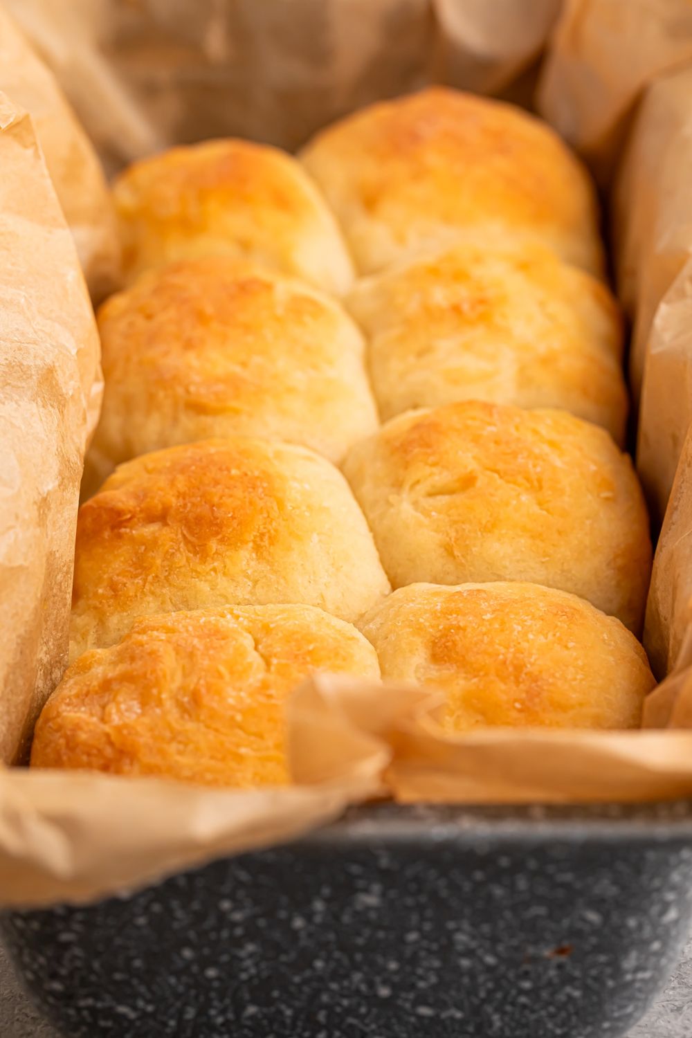 2 Ingredient Dinner Rolls in tray on table with parchment paper in pan