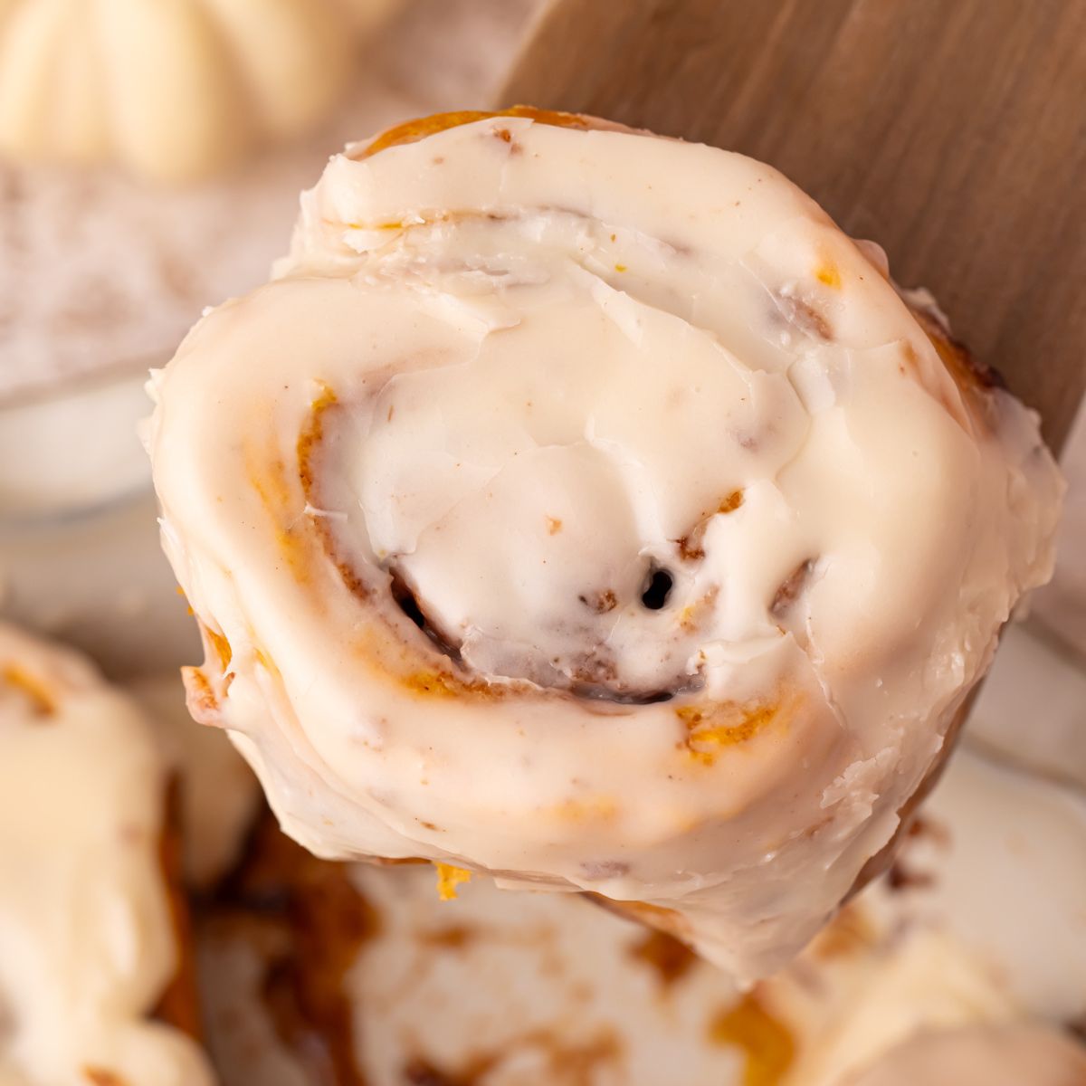  2 Ingredient Pumpkin Cinnamon Rolls in a pan sitting on table with one on a wooden spatula being lifted above the pan 