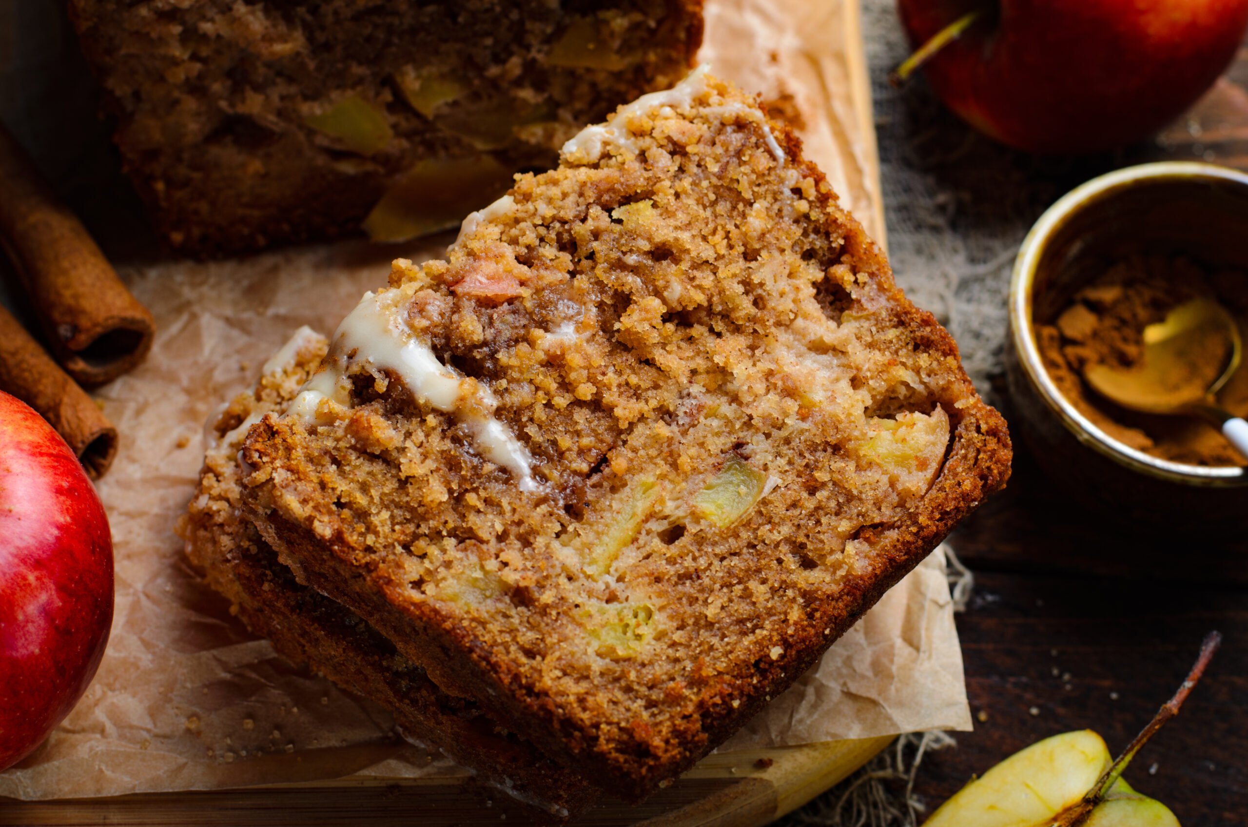 close up view of a slice of the Apple Cinnamon Loaf Cake  showing the moist inside 