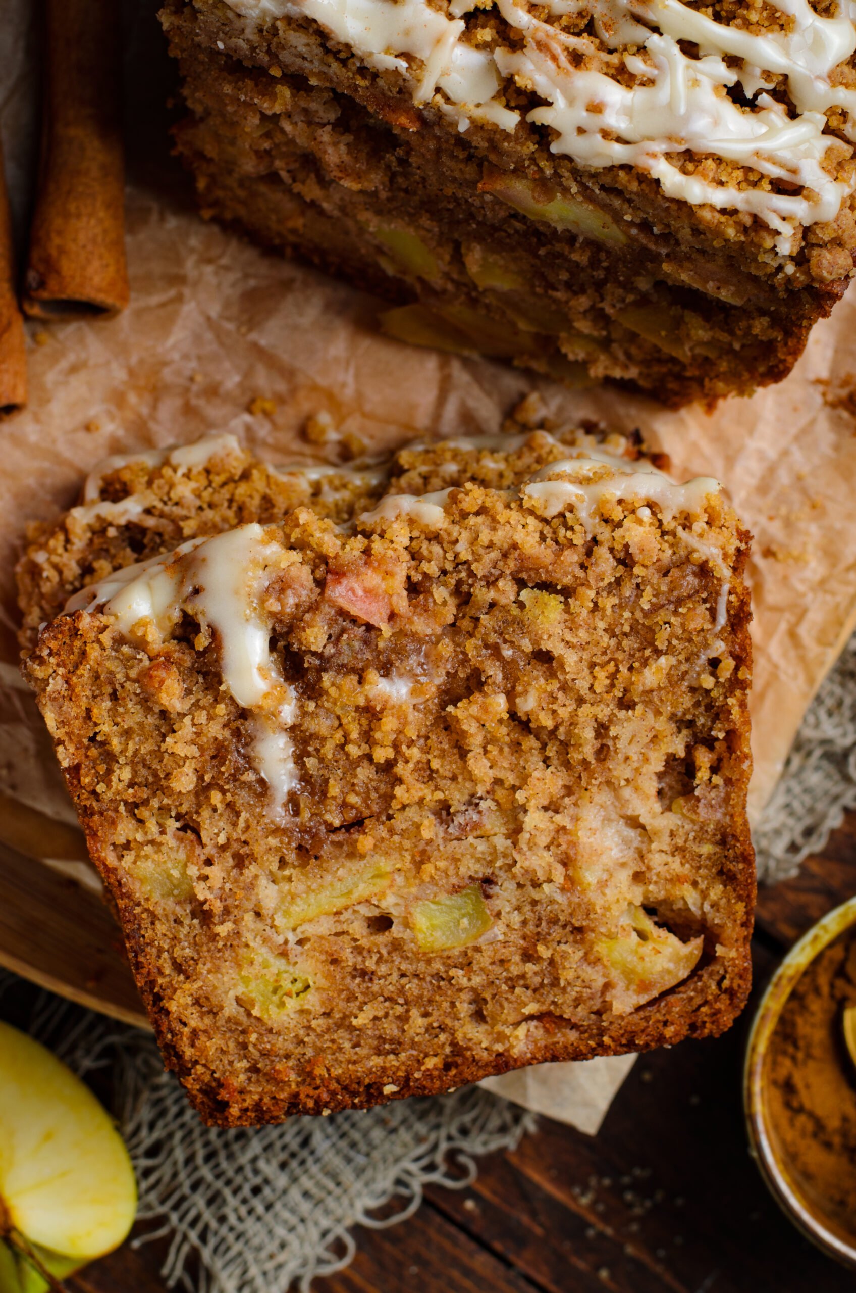 close up view of a slice of the Apple Cinnamon Loaf Cake 