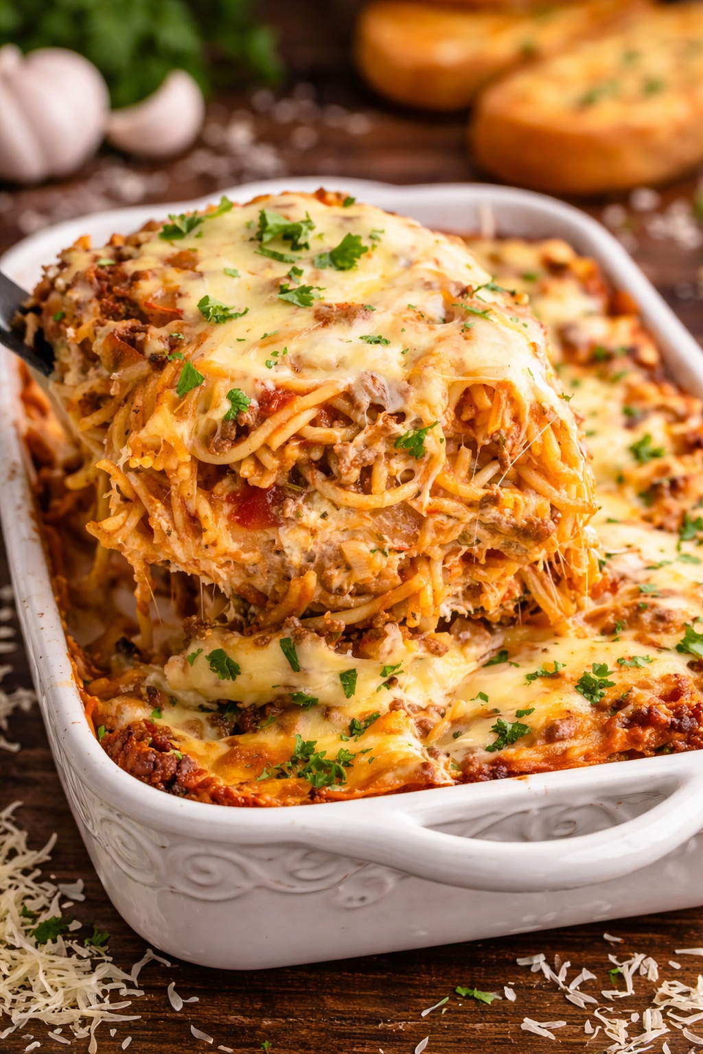 Million Dollar Spaghetti Casserole in a white baking dish