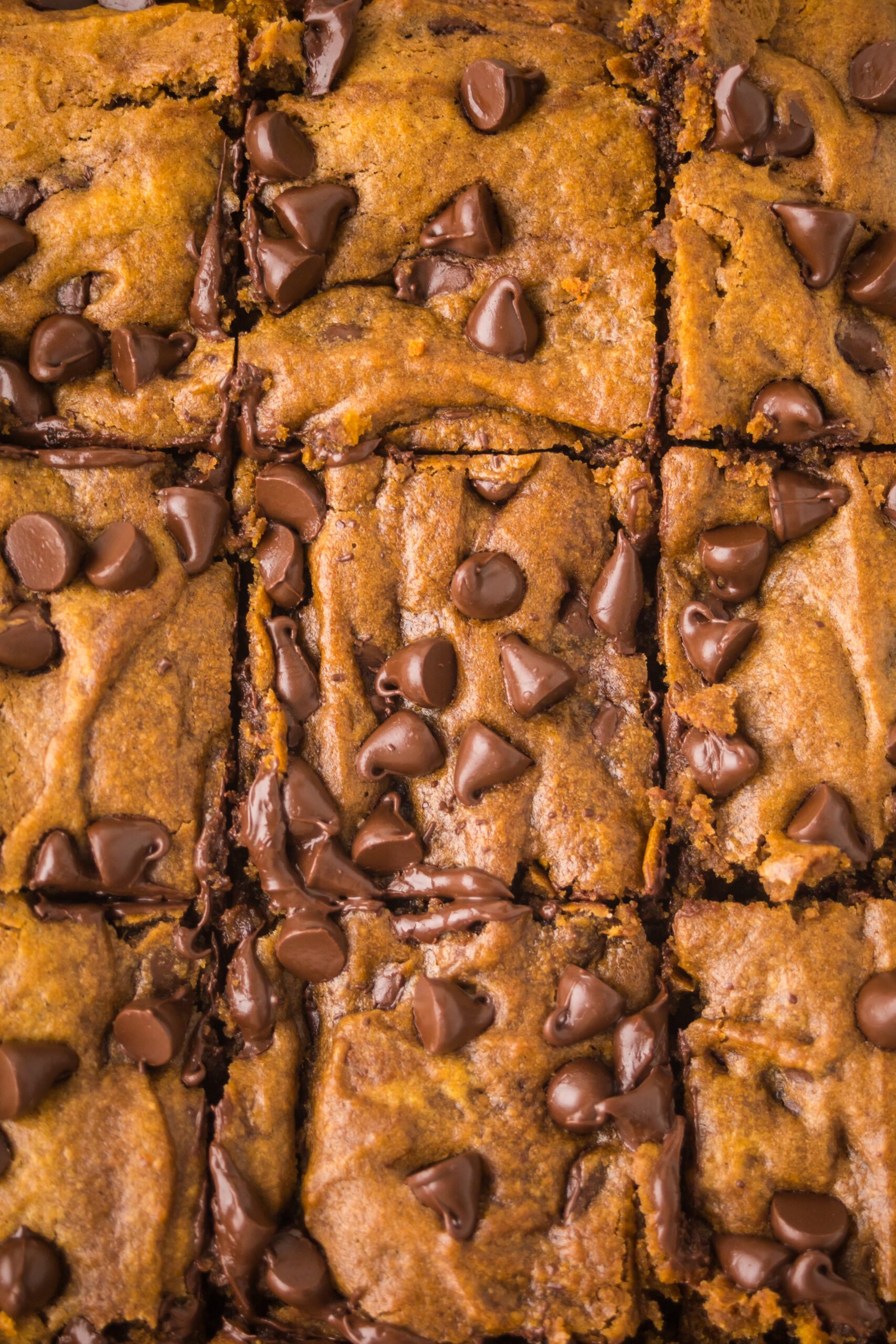 up close and overhead shot of the Brown Butter Pumpkin Chocolate Chip Bars stacked and sliced 