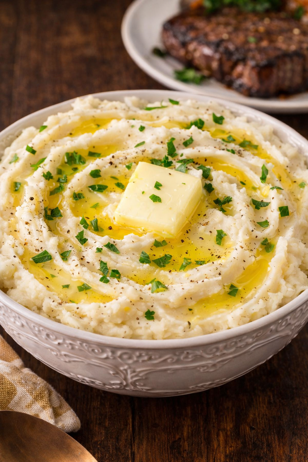Garlic mashed potatoes in a white bowl on a dark wood table 