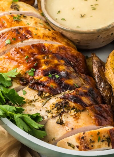 Roasted Turkey Breast on plate with potatoes and a dipping sauce to the side