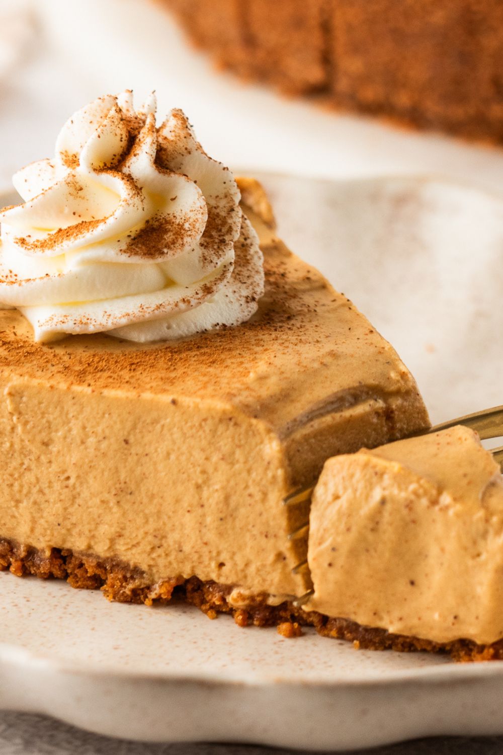 No Bake Gingerbread Cheesecake on plate with a fork cut on the top of it 