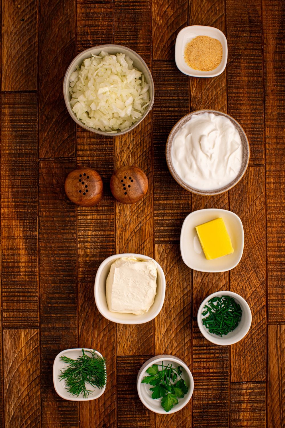 all the ingredients to make in single serve containers for Homemade caramelized onion dip