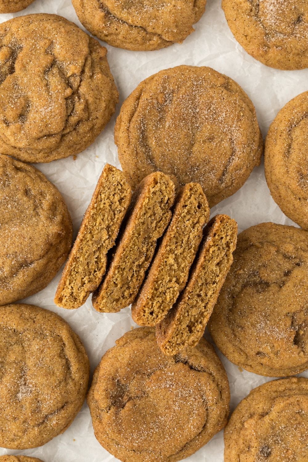 Pumpkin Snickerdoodle Cookies on table with a few cut in half showing the center to see they are soft cookies 