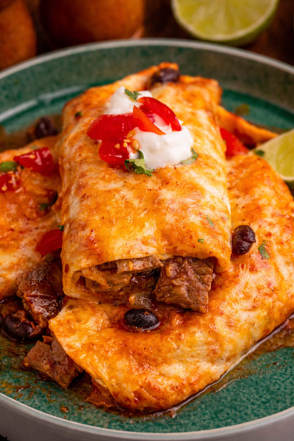 Steak Enchiladas on a green plate topped with sour cream and diced tomatoes 